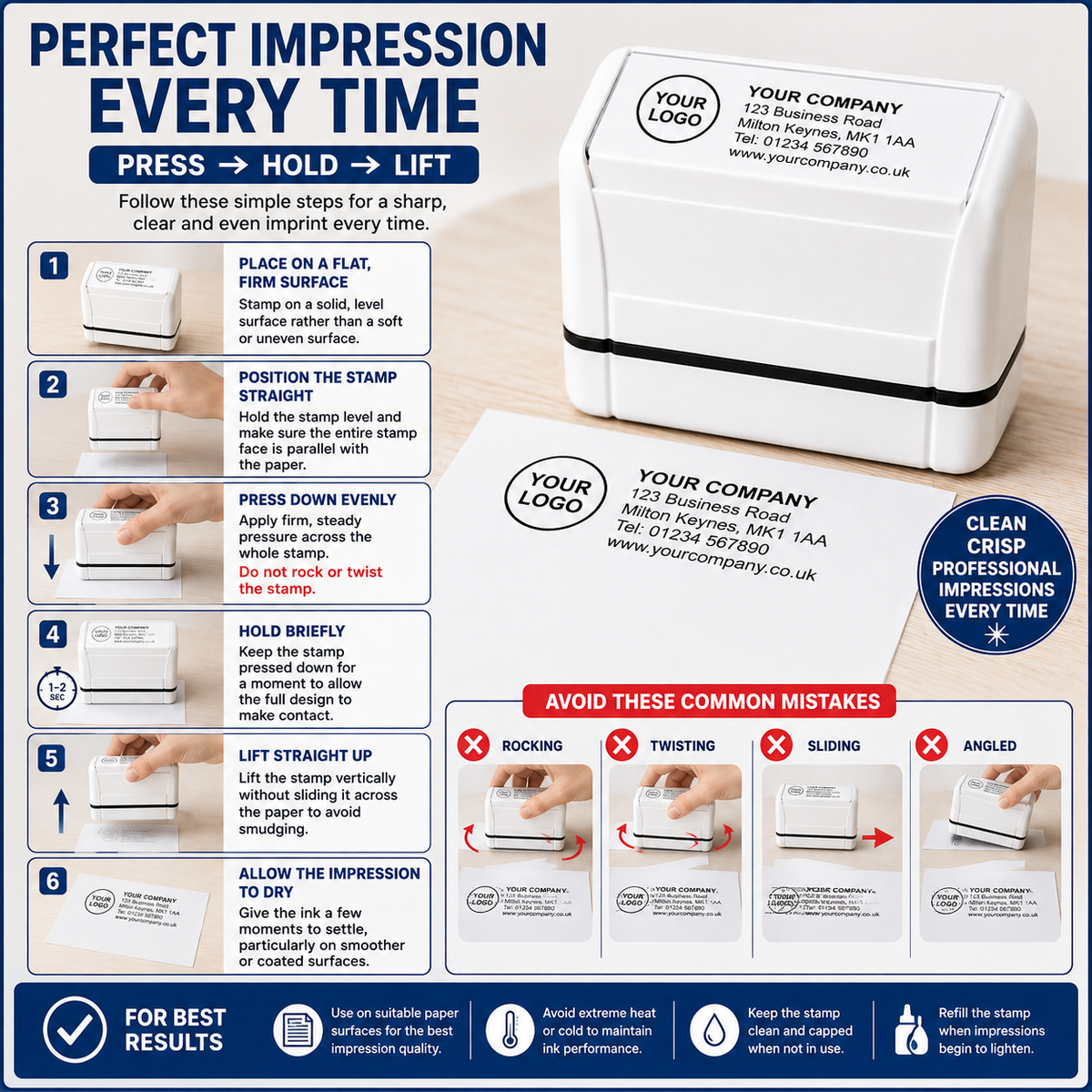 Personalised Pre-Inked Business Stamp – Custom Logo & Text, Crisp & Refillable