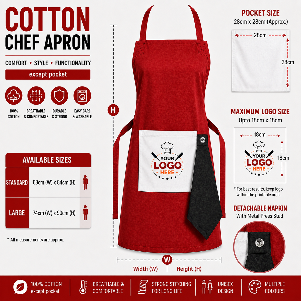 Personalised Cotton Colour Logo Apron | Custom Print | Free Detachable Napkin