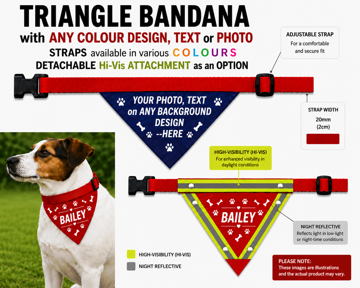 Custom Triangle Dog Bandana Personalised Design Text Photo Hi-Vis Reflective Option