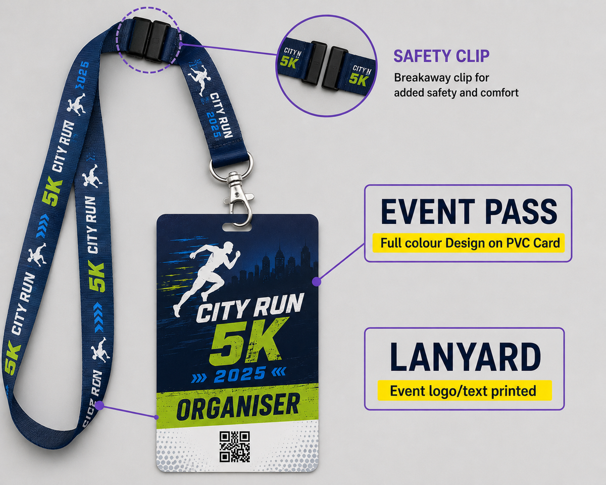 Customised Event Pass & Personalised Logo-printed Lanyard Set with Safety Clip