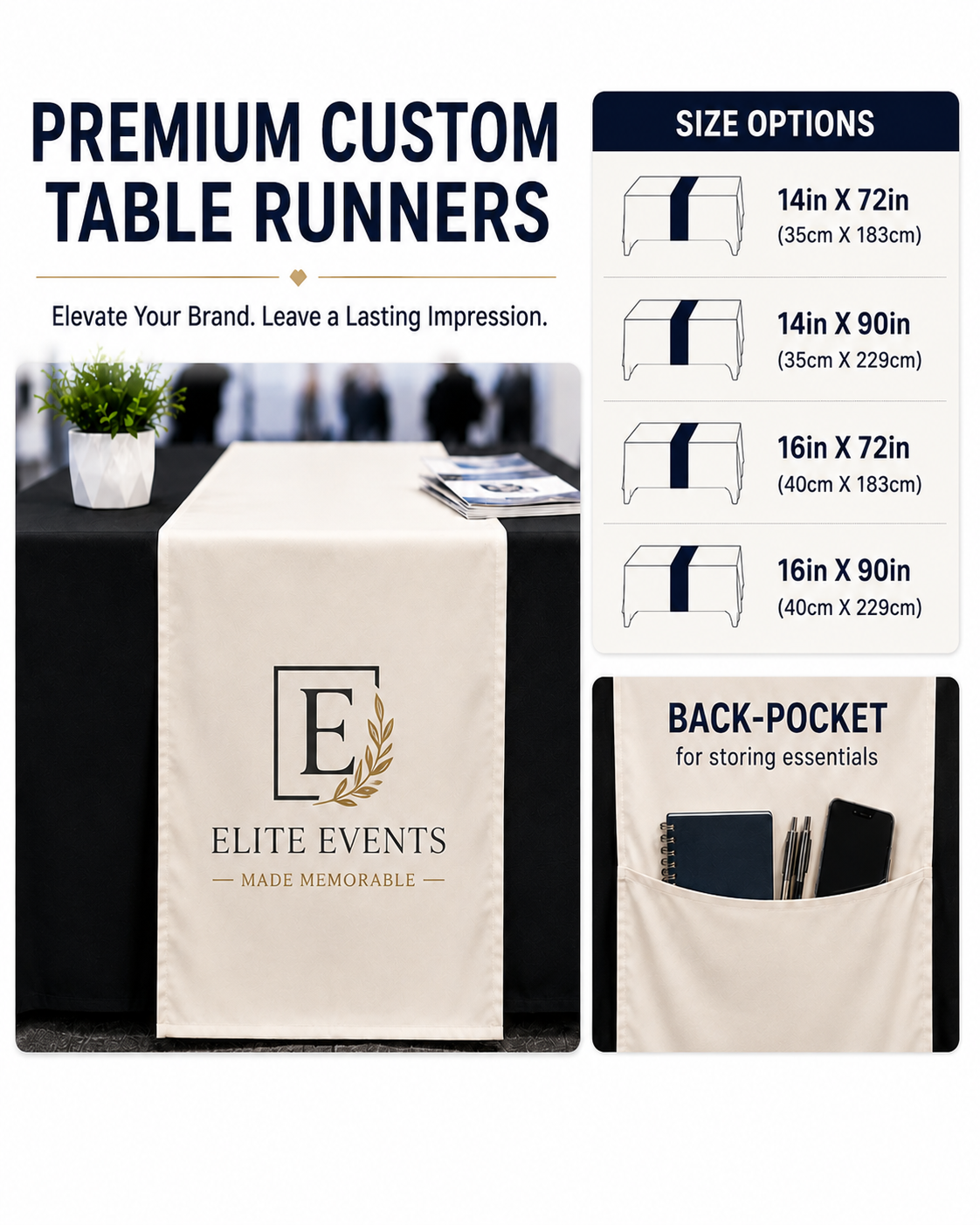 Personalised Table Runner with Back Pocket | Custom Printed Logo Event Cloth
