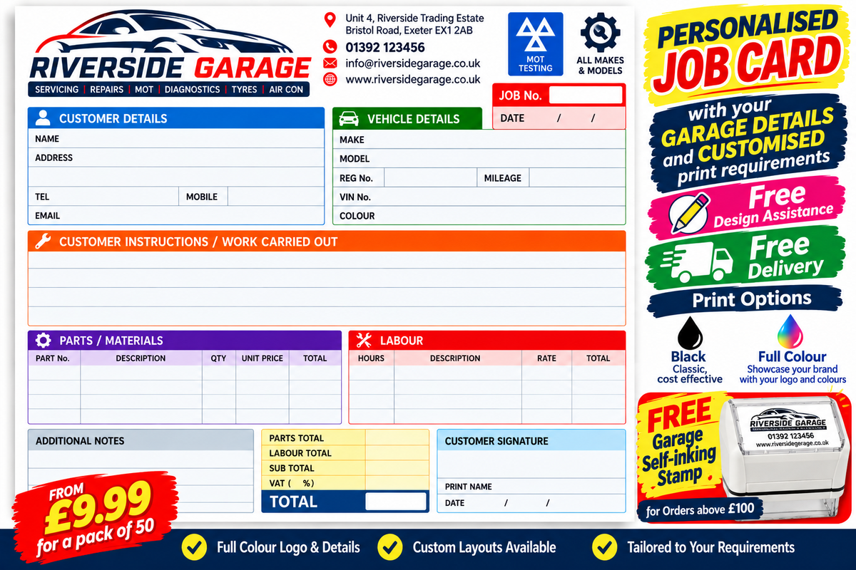 Personalised Garage Job Cards A5 – Custom Mechanic Work Order Sheets - Pack of 50