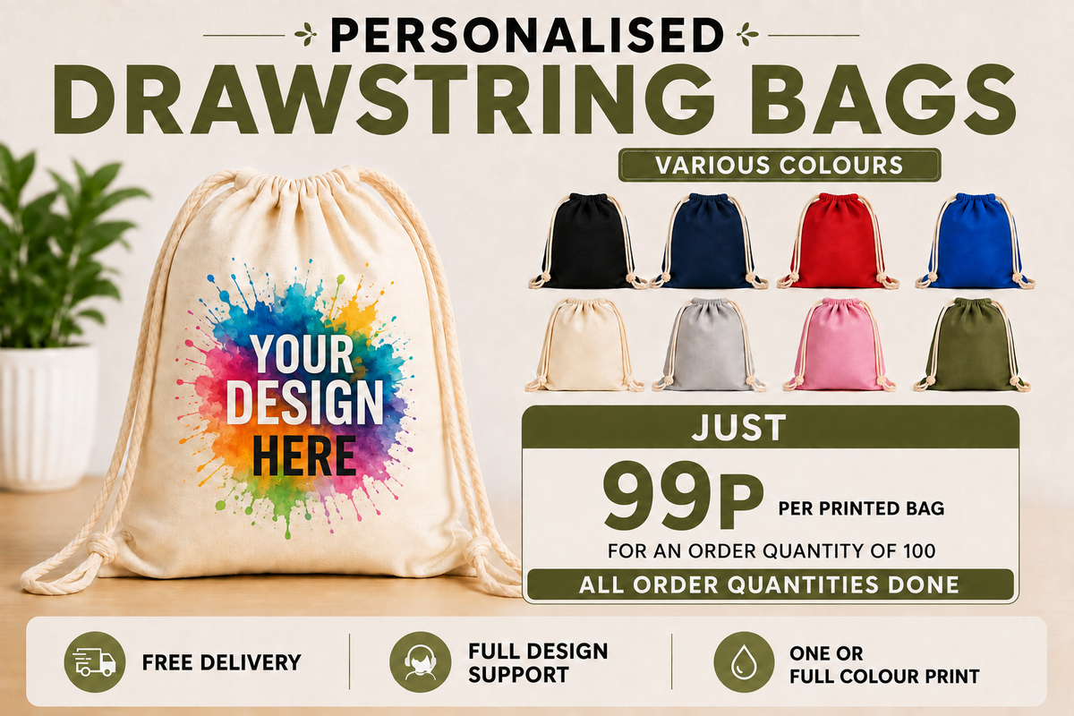 Personalised PolyCotton Drawstring Bag Custom Printed Colour Design Wholesale