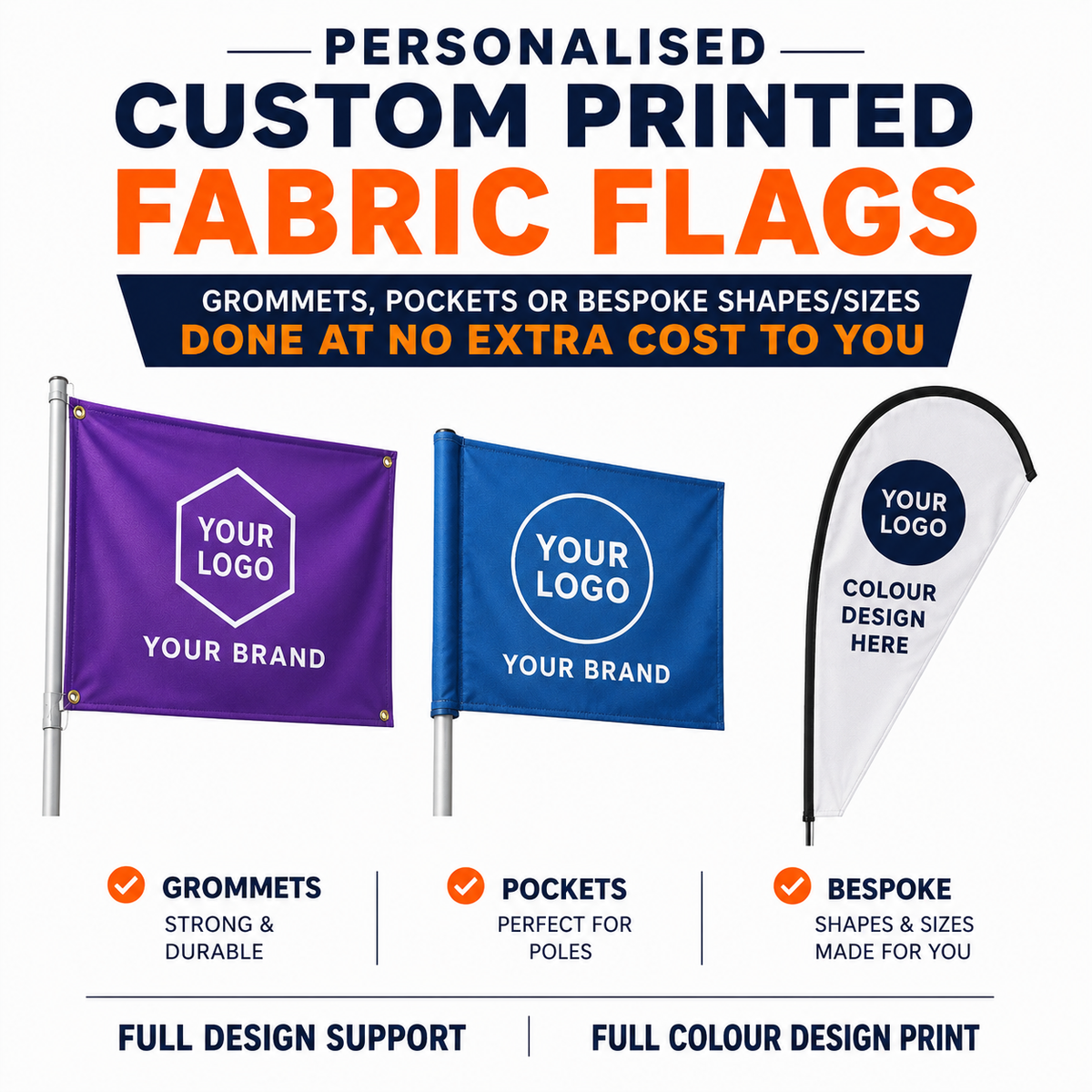 Personalised Custom Printed Flags All Sizes Any Shape with Grommets & Cable Ties