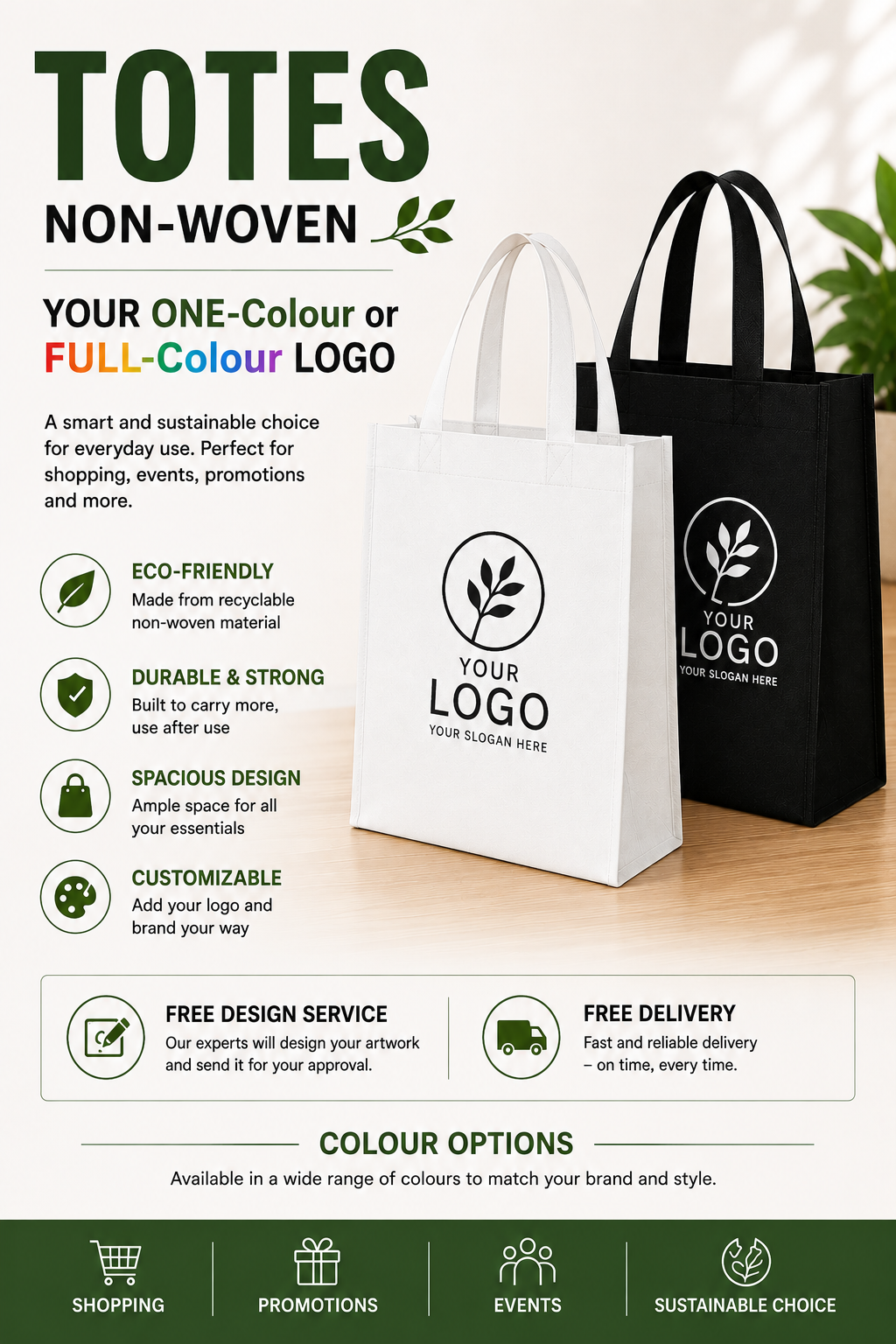 Personalised Logo Printed Tote Bags | Custom Branded Non Woven Reusable Shoppers