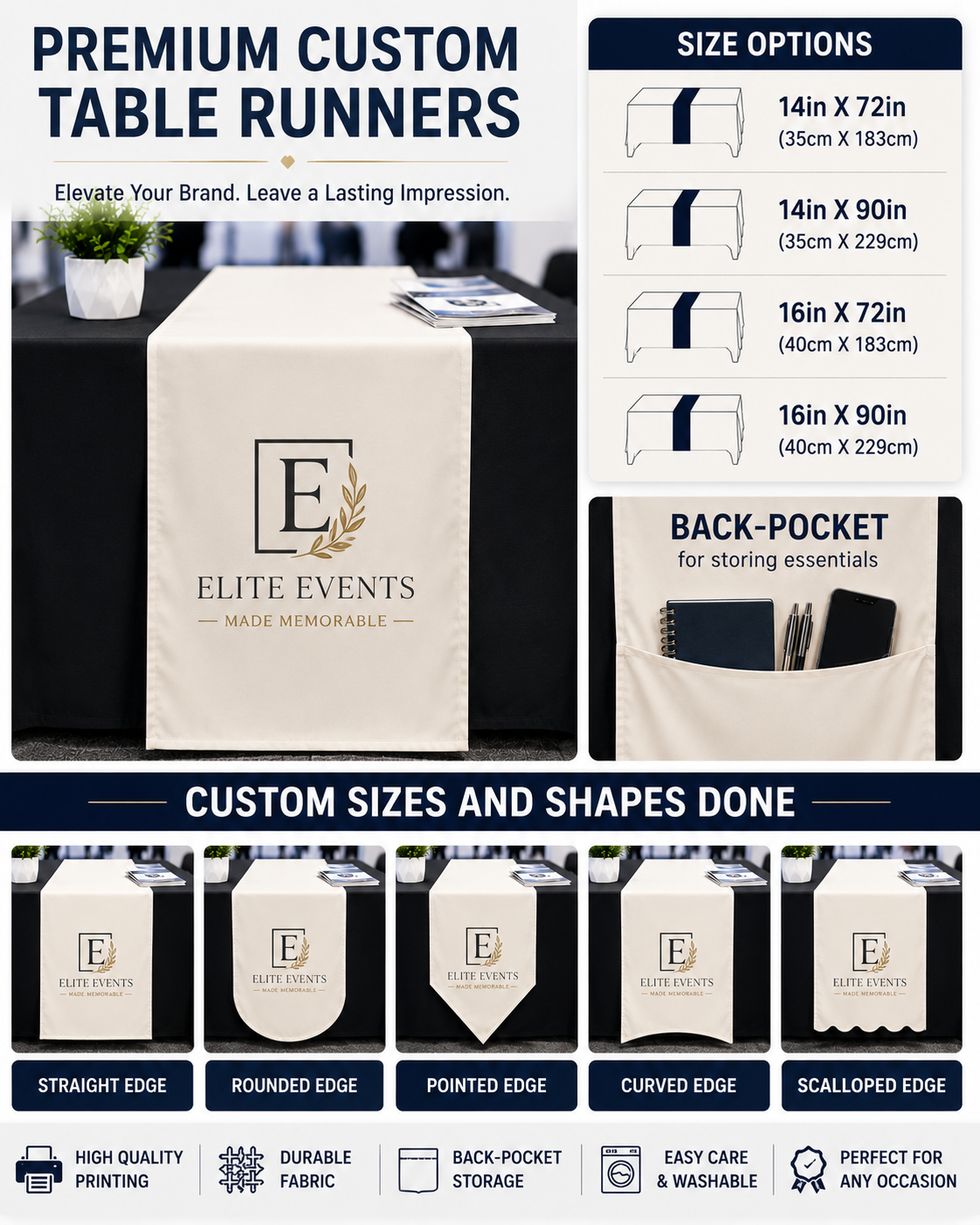 Personalised Table Runner with Back Pocket | Custom Printed Logo Event Cloth
