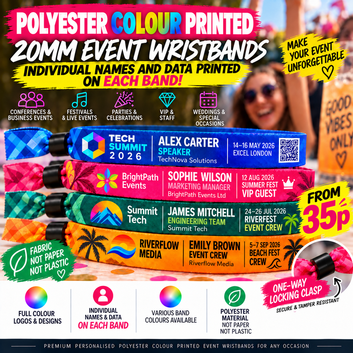 Personalised Event Polyester 20mm Wristbands, Full Colour with clasp, Customised with Names, Data & Logo Festival Conference Party 10 Bands