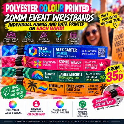 Personalised Event Polyester 20mm Wristbands, Full Colour with clasp, Customised with Names, Data & Logo Festival Conference Party 10 Bands