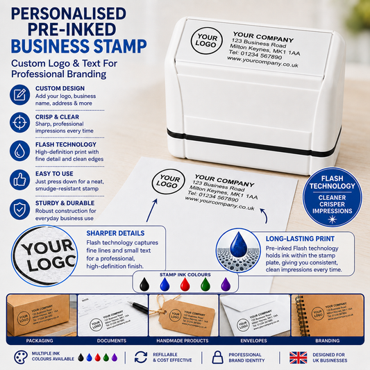 Personalised Pre-Inked Business Stamp – Custom Logo & Text, Crisp & Refillable