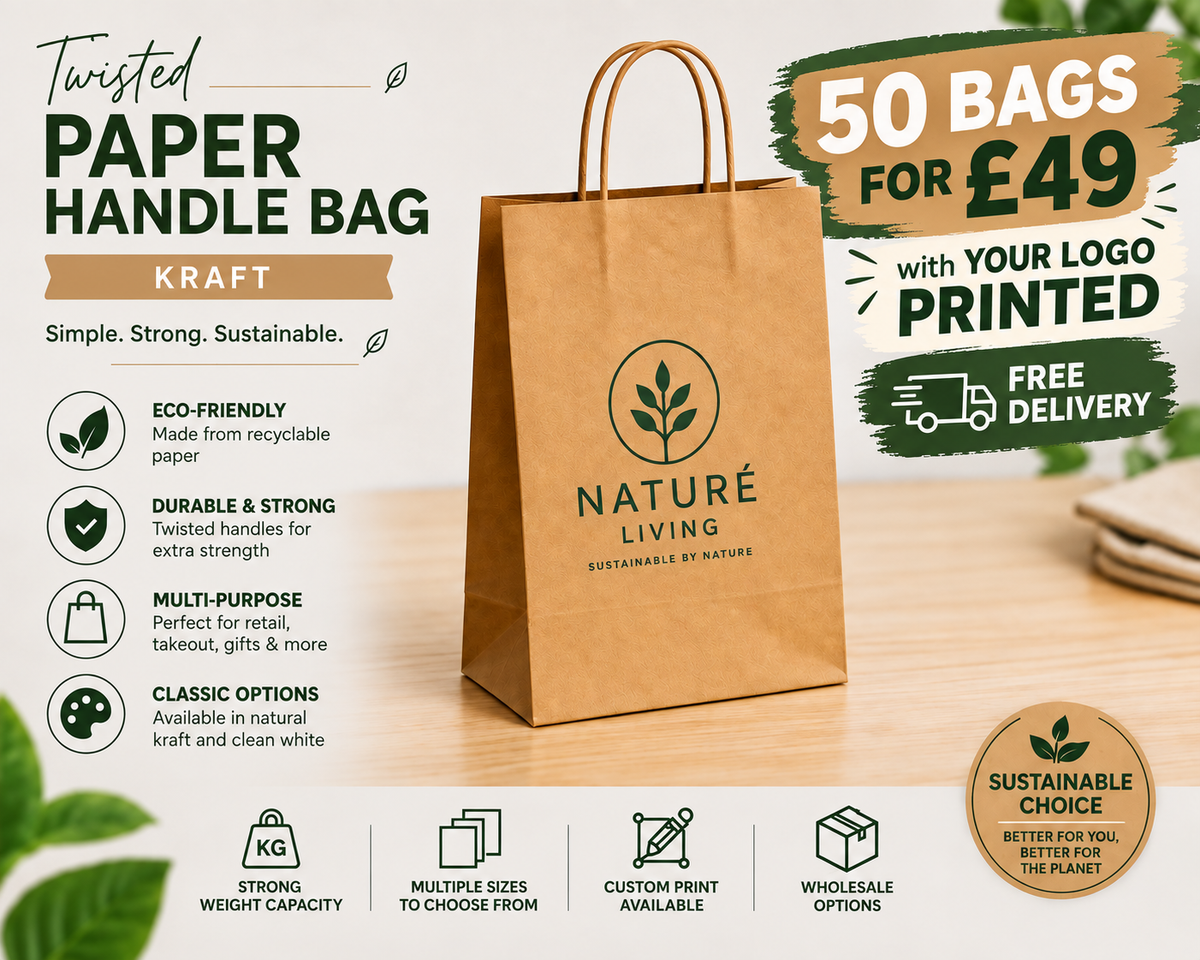 Personalised Kraft Paper Bags Custom Logo Printed Twisted Handle 10/25/50 Pack