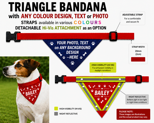 Custom Triangle Dog Bandana Personalised Design Text Photo Hi-Vis Reflective Option