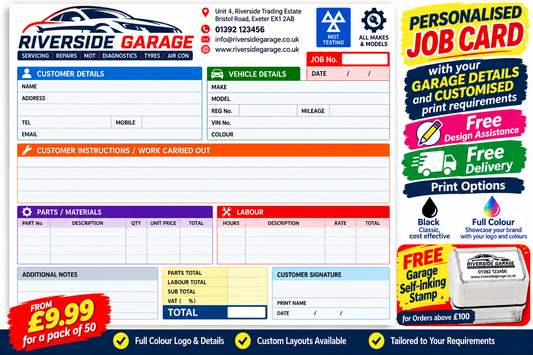 Personalised Garage Job Cards A5 – Custom Mechanic Work Order Sheets - Pack of 50
