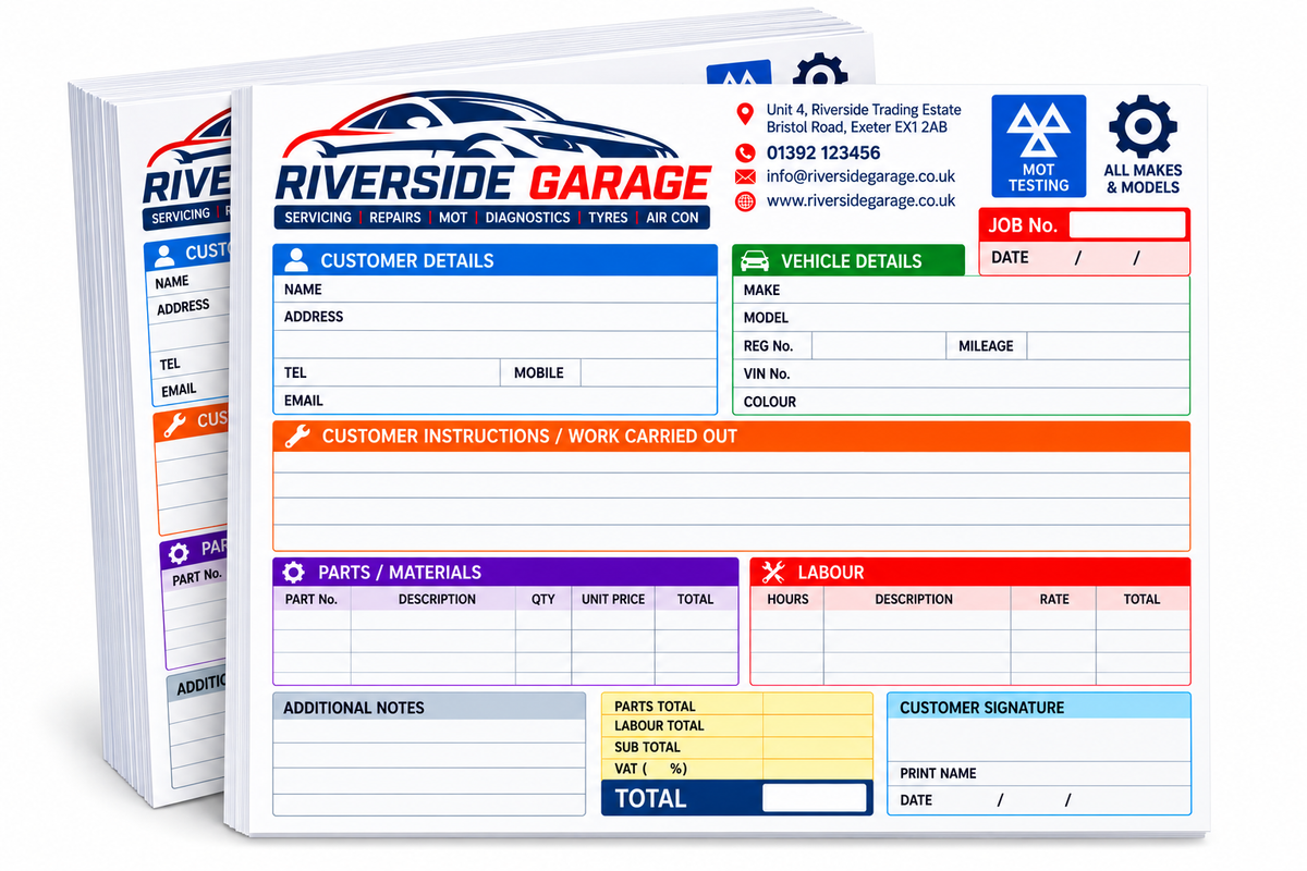 Personalised Garage Job Cards A5 – Custom Mechanic Work Order Sheets - Pack of 50
