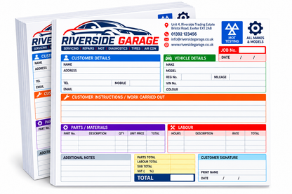 Personalised Garage Job Cards A5 – Custom Mechanic Work Order Sheets - Pack of 50