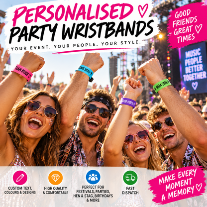 Personalised Event Polyester 20mm Wristbands, Full Colour with clasp, Customised with Names, Data & Logo Festival Conference Party 10 Bands