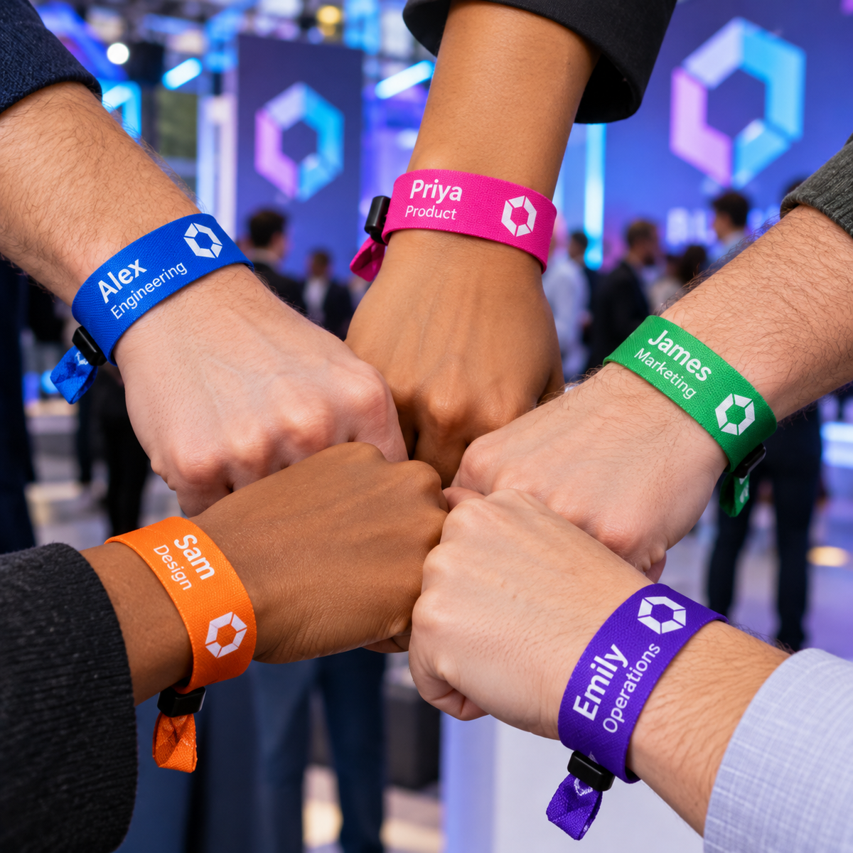 Personalised Event Polyester 20mm Wristbands, Full Colour with clasp, Customised with Names, Data & Logo Festival Conference Party 10 Bands