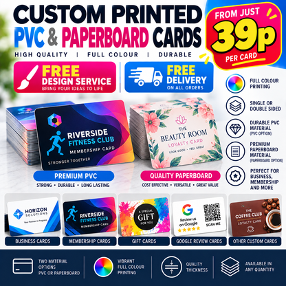 Custom Printed Cards, PVC Membership, Loyalty, Business, Gift & Event Passes, Personalised Full Colour Plastic or Paperboard Card Design