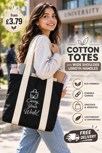 Black Cotton Canvas Tote, Reusable Shopper, Long Shoulder Handles, 50mm Wide Straps, Eco Friendly Bag, University, Art, Grocery Gift