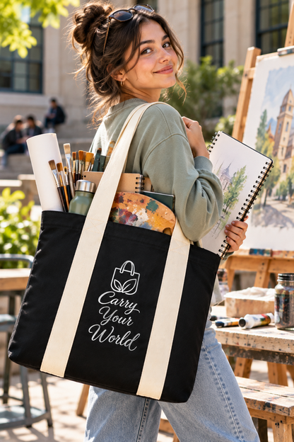 Black Cotton Canvas Tote, Reusable Shopper, Long Shoulder Handles, 50mm Wide Straps, Eco Friendly Bag, University, Art, Grocery Gift