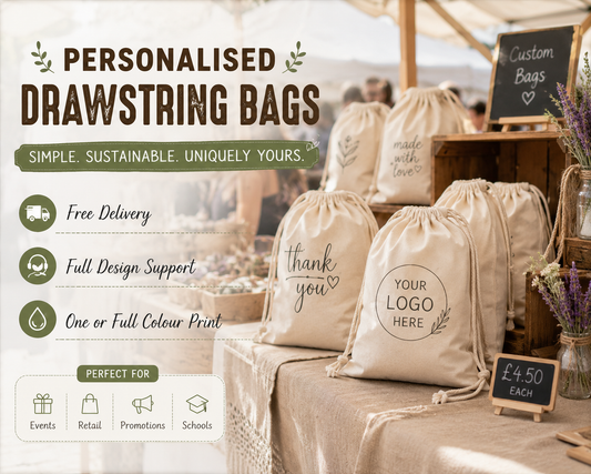 Personalised PolyCotton Drawstring Bag Custom Printed Colour Design Wholesale