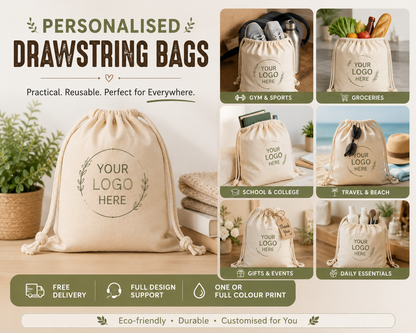 Personalised PolyCotton Drawstring Bag Custom Printed Colour Design Wholesale