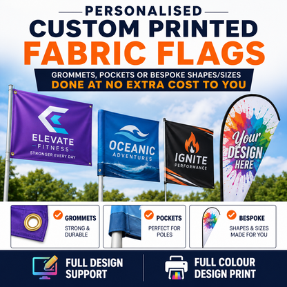 Personalised Custom Printed Flags All Sizes Any Shape with Grommets & Cable Ties