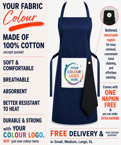 Personalised Cotton Colour Logo Apron | Custom Print | Free Detachable Napkin