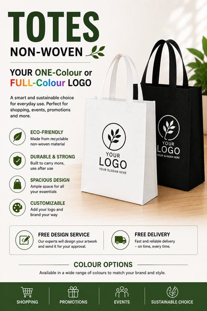 Personalised Logo Printed Tote Bags | Custom Branded Non Woven Reusable Shoppers