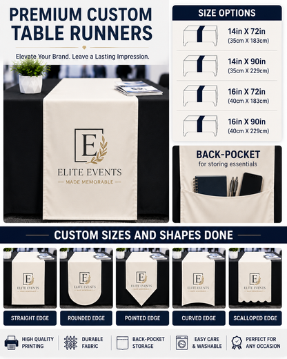 Personalised Table Runner with Back Pocket | Custom Printed Logo Event Cloth