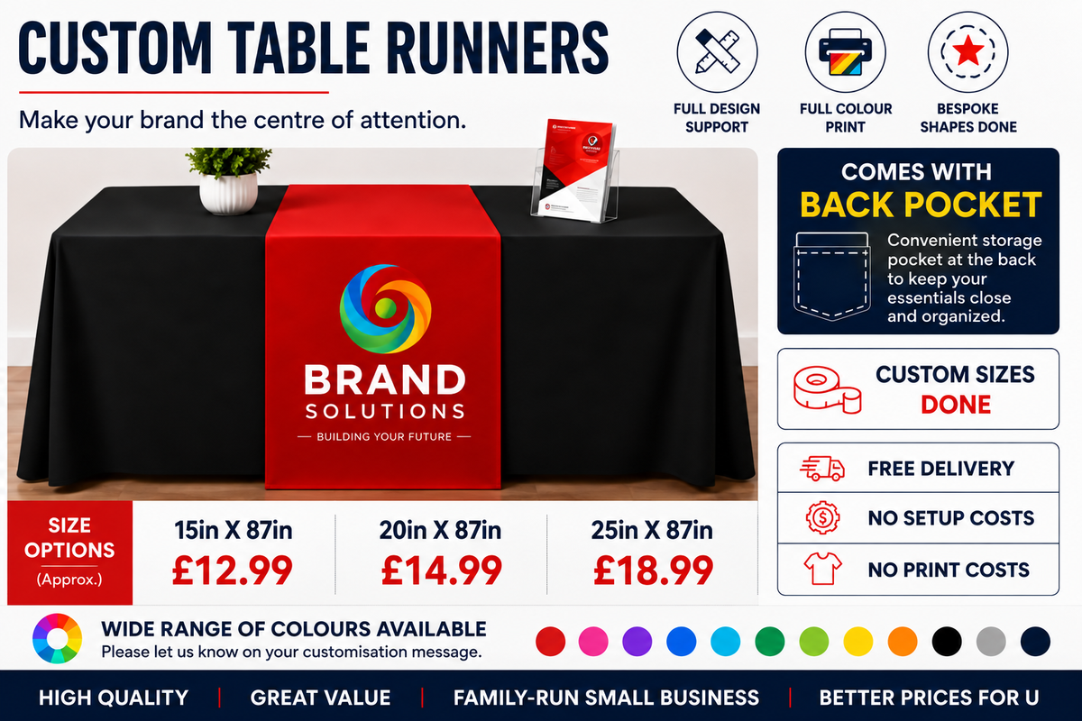 Personalised Table Runner with Back Pocket | Custom Printed Logo Event Cloth
